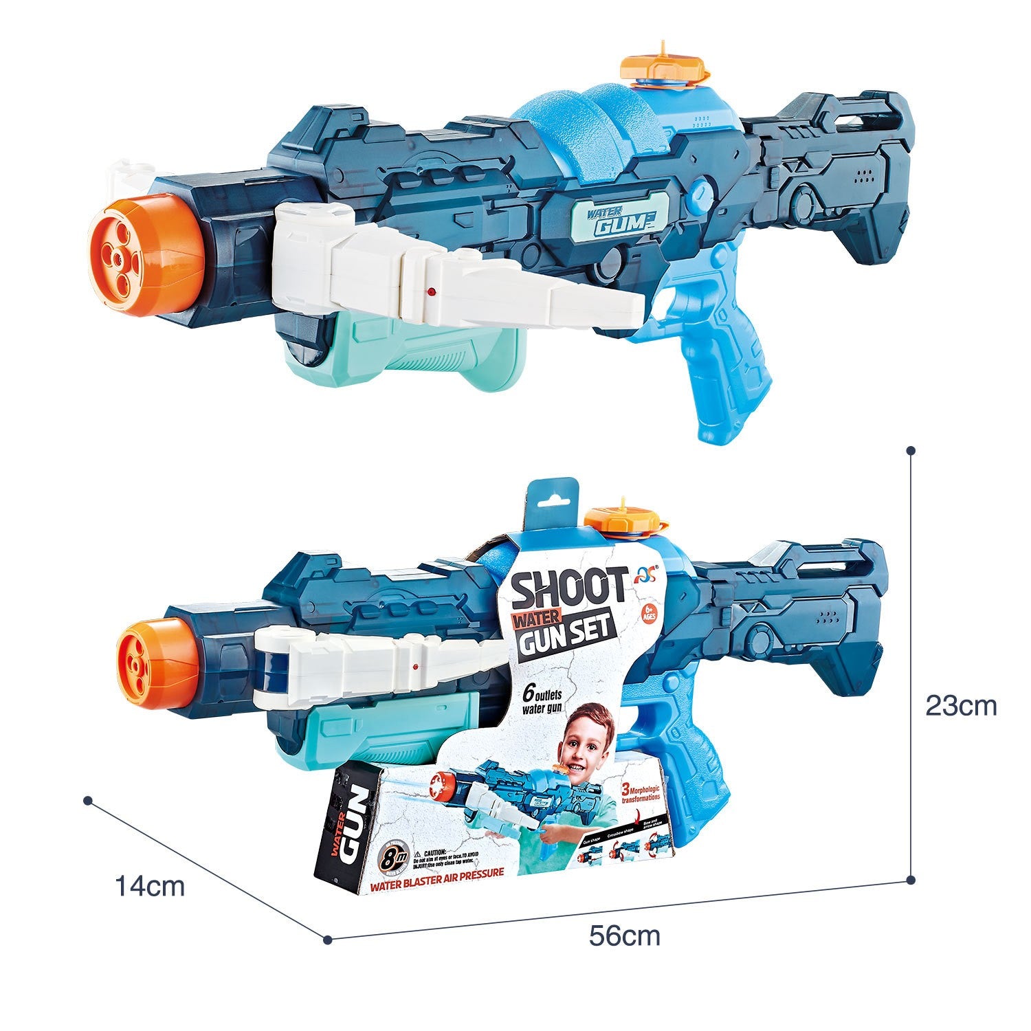 Pistol cu Apa, +6 Ani, Rezervor 700 ml, 4 Moduri de Stropire, din Plastic, 56 x 37 x 23 cm, Albastru