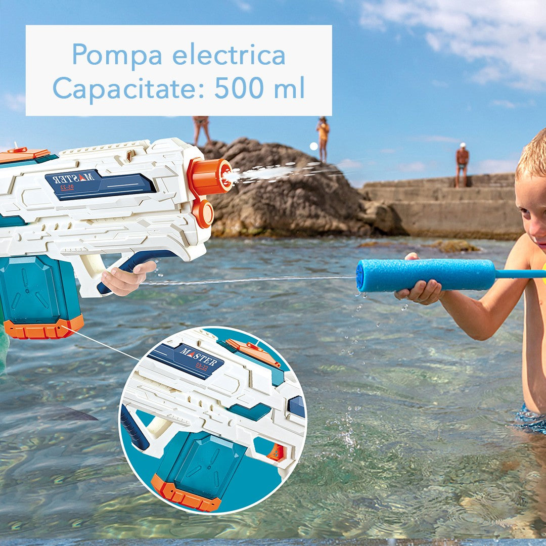 Pistol cu Apa pentru Copii 14+ ani, Rezervor 600ml, cu baterie 1200mAh, Electric Burst, Alb/Albastru