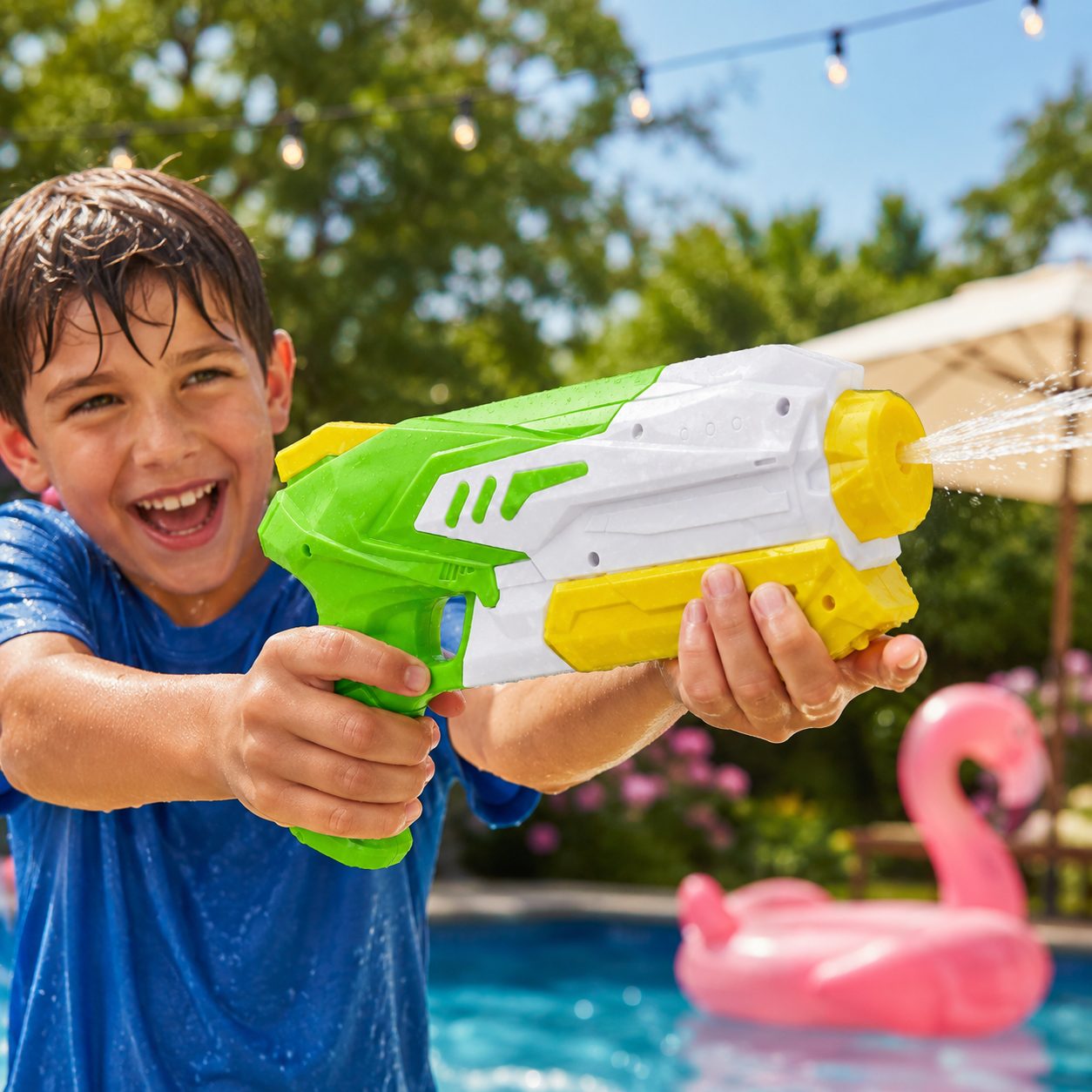 Pistol cu Apa pentru Copii, Rezervor 300ml, Maner de Transport, Pentru Piscina/Plaja, Lungime 31.5 cm, Jucarie Distractiva, 3ani+, Albastru/Alb