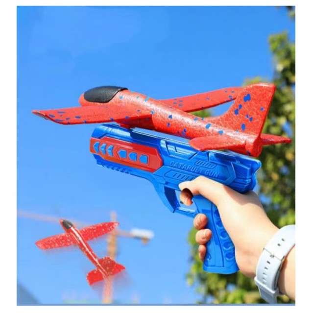 Pistol cu Lansator de Avion, din Polistiren+Plastic, +3 Ani, Avion 24 cm, Lansare 10 m, cu Lumini, Albastru/Rosu