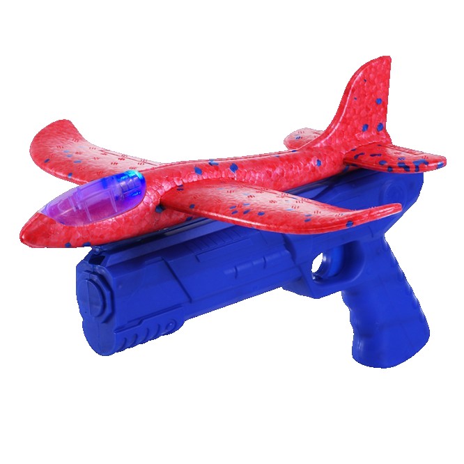 Pistol cu Lansator de Avion, din Polistiren+Plastic, +3 Ani, Avion 24 cm, Lansare 10 m, cu Lumini, Albastru/Rosu