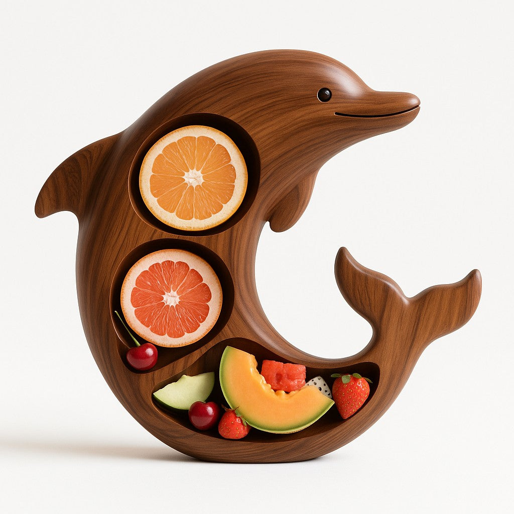 Platou pentru Servire, in Forma de Delfin, 3 Compartimente pentru Mezeluri, Branzeturi, Snacksuri, Fructe, Design Artistic, din Lemn Masiv, 26 x 25 x 4 cm, Maro Natur