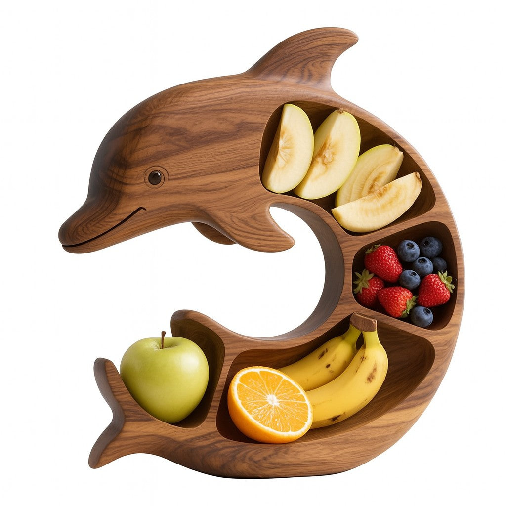 Platou pentru Servire, in Forma de Delfin, 4 Compartimente pentru Mezeluri, Branzeturi, Snacksuri, Fructe, Design Artistic, din Lemn Masiv, 26 x 25 x 4 cm, Maro Natur