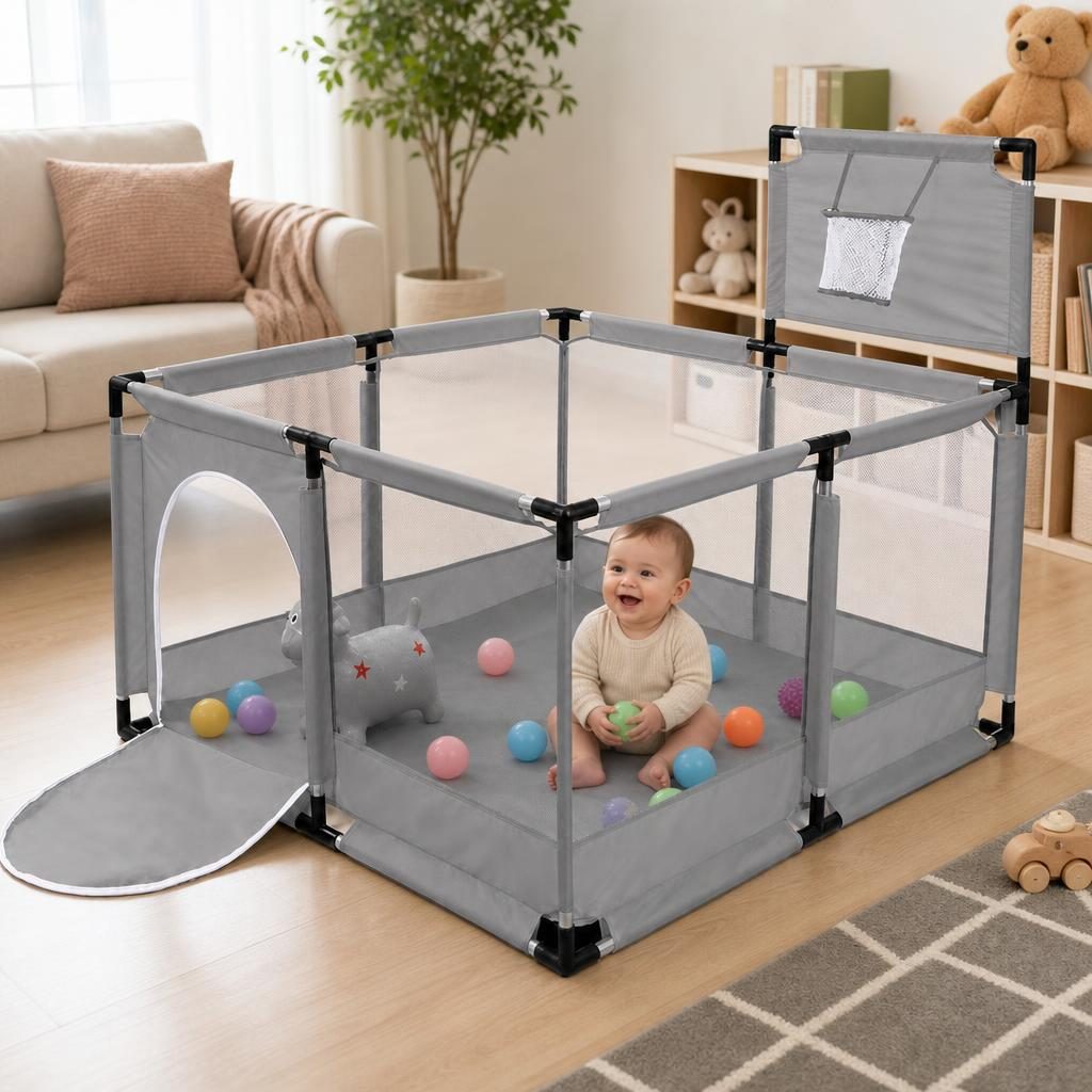 Tarc de Joaca pentru Copii DNT-106, Model Spatiu Basketball, 126 x 126 x 65 cm, Structura de Protectie pentru Interior, ABS si Poliester rezistent, Gri