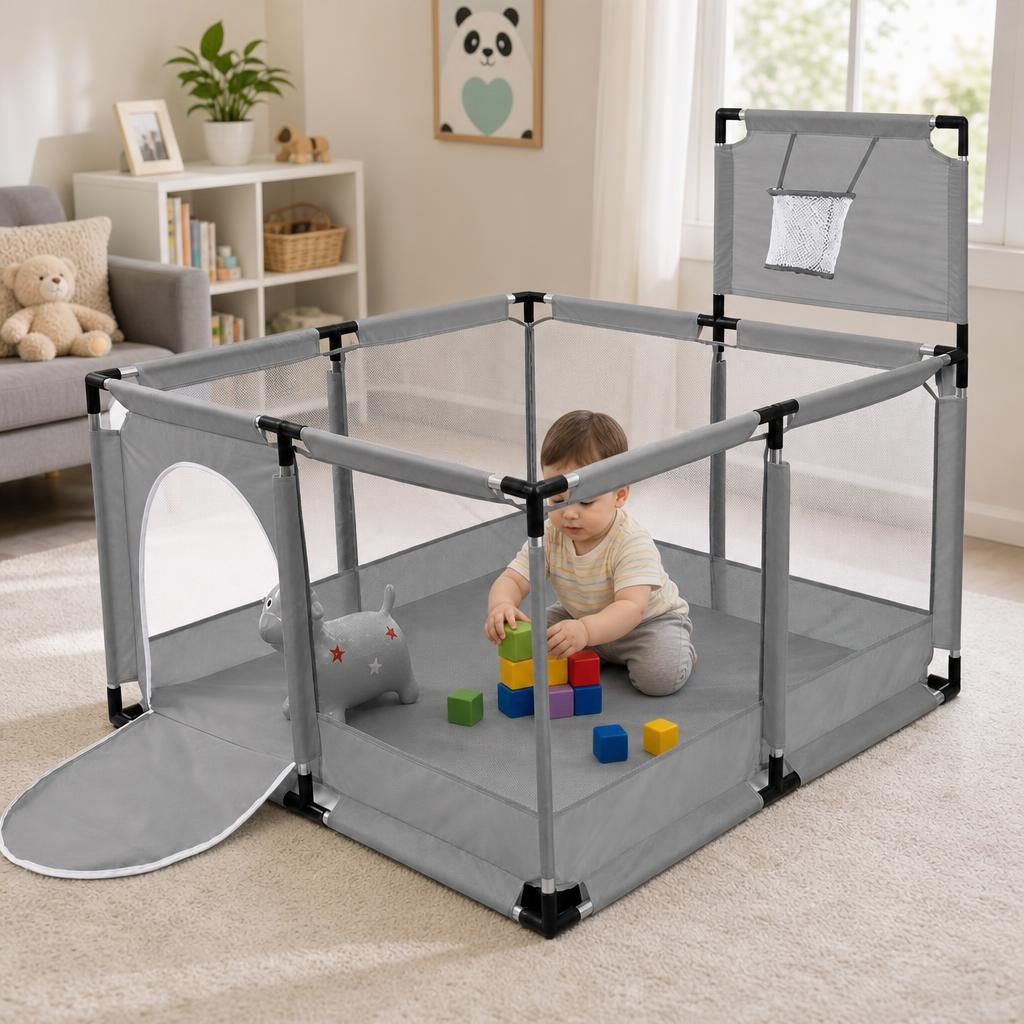 Tarc de Joaca pentru Copii DNT-106, Model Spatiu Basketball, 126 x 126 x 65 cm, Structura de Protectie pentru Interior, ABS si Poliester rezistent, Gri