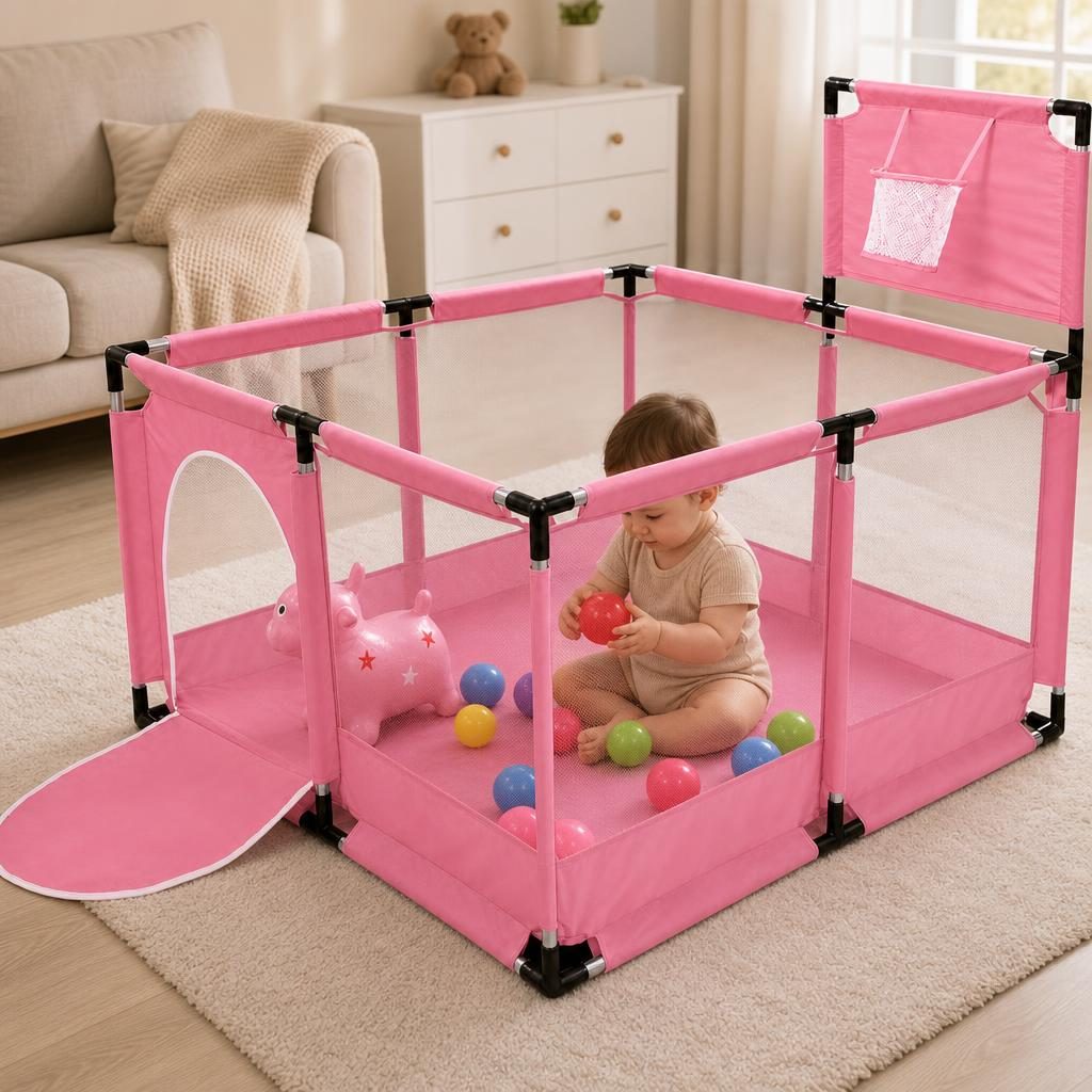 Tarc de Joaca pentru Copii DNT-106, Model Spatiu Basketball, 126 x 126 x 65 cm, Structura de Protectie pentru Interior, ABS si Poliester rezistent, Roz