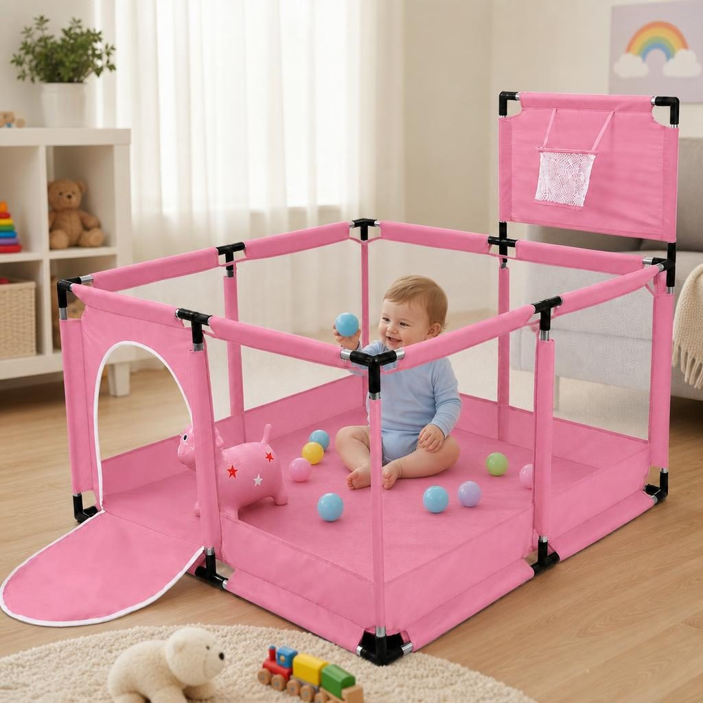 Tarc de Joaca pentru Copii DNT-106, Model Spatiu Basketball, 126 x 126 x 65 cm, Structura de Protectie pentru Interior, ABS si Poliester rezistent, Roz