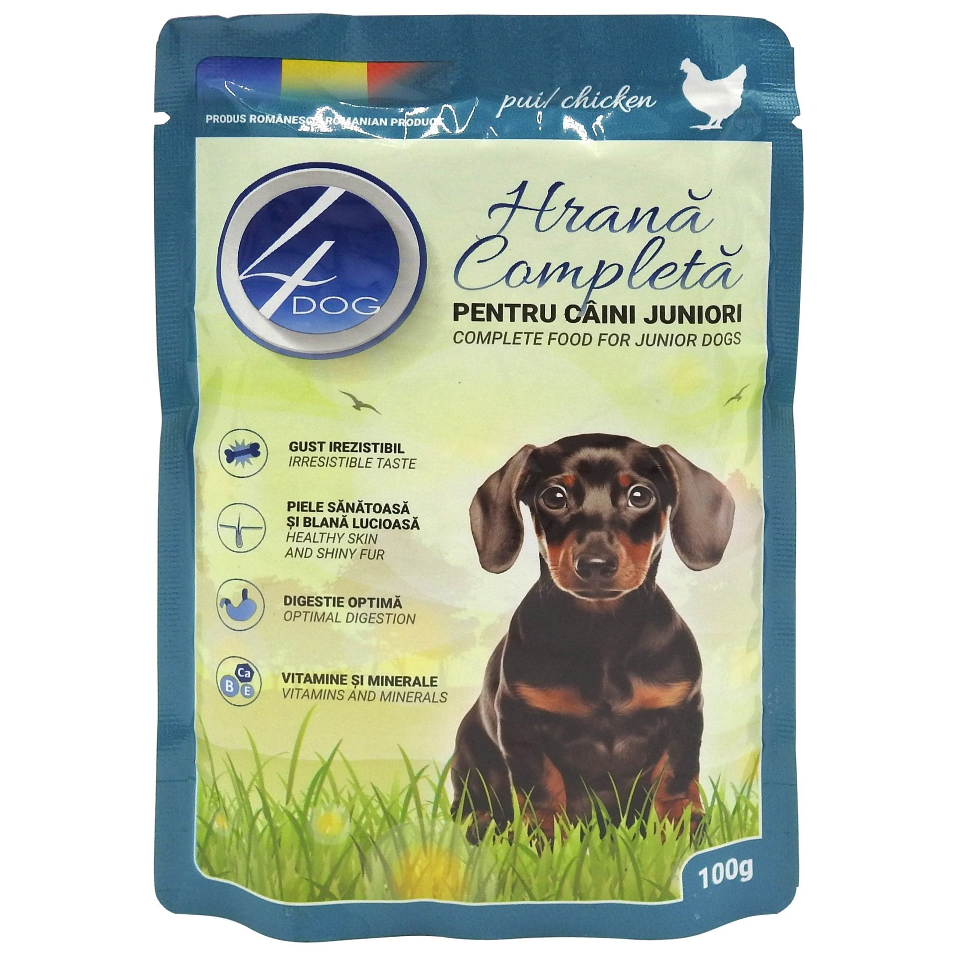 Plic, 4DOG Hrana Caini Junior in Sos, 100 g Pui