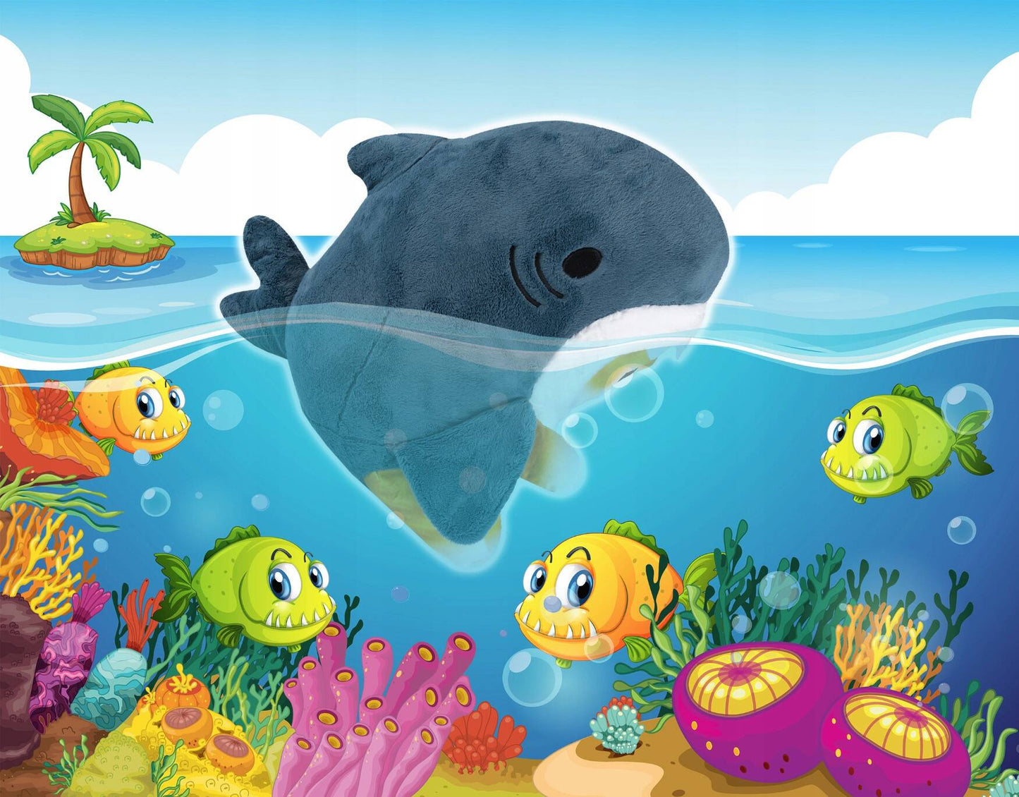 Perna plusata pentru copii, model pisica-rechin, poliester, 55x30 cm, gri - 10