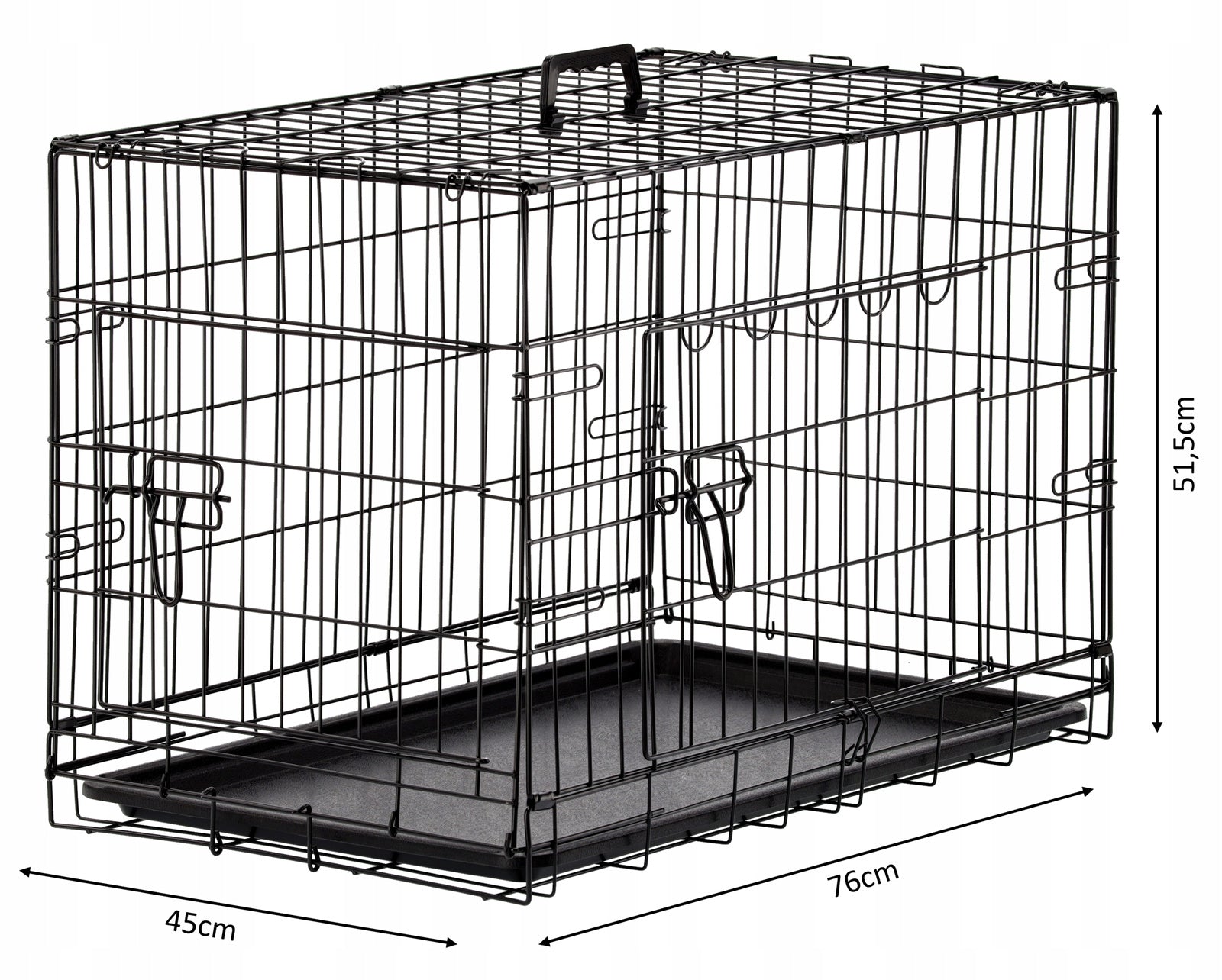 Cusca metalica pentru caine L, pliabila, cu tava detasabila si maner, 76x45x51 cm, negru