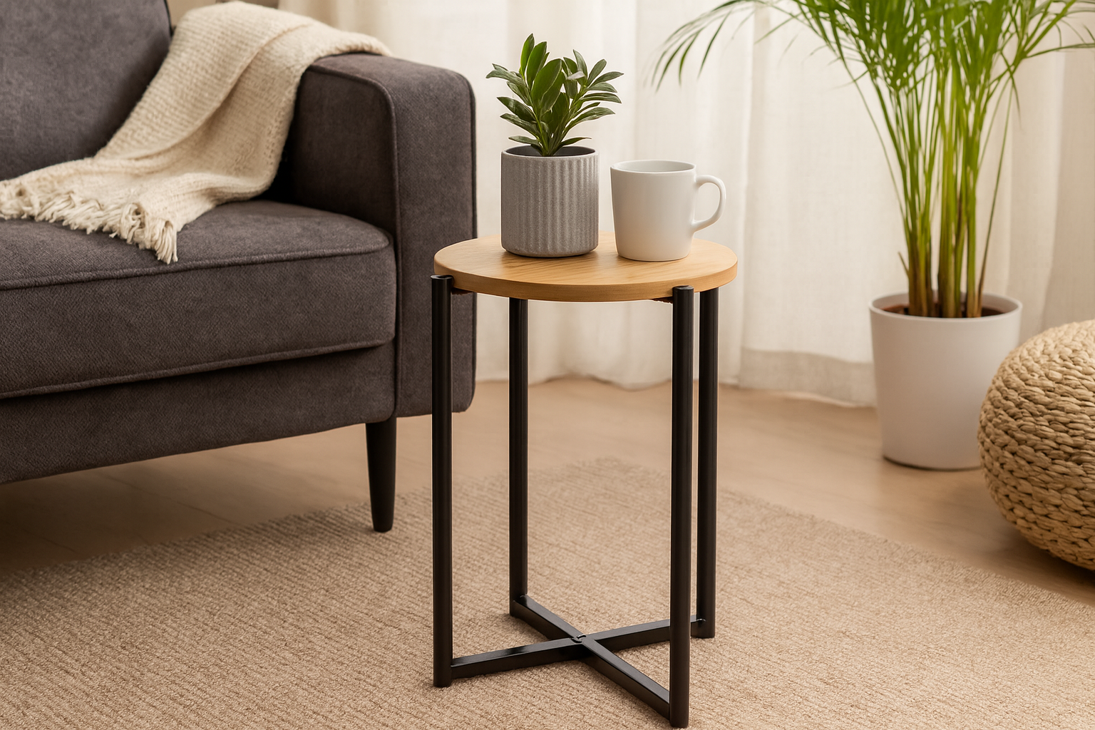 Masuta rotunda tip noptiera, baza metalica, 29x42 cm, design minimalist, negru