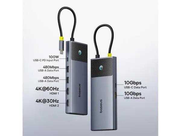 DOCKING Station Baseus Metal Gleam Series II 7-in-1, conec PC USB-C, USB 3.0x3, USB Type-Cx1, USB-Type-Cx1 PD 100W, HDMIx2/4K/60Hz,LED, gri "B00061806813-00" - 6932172657659