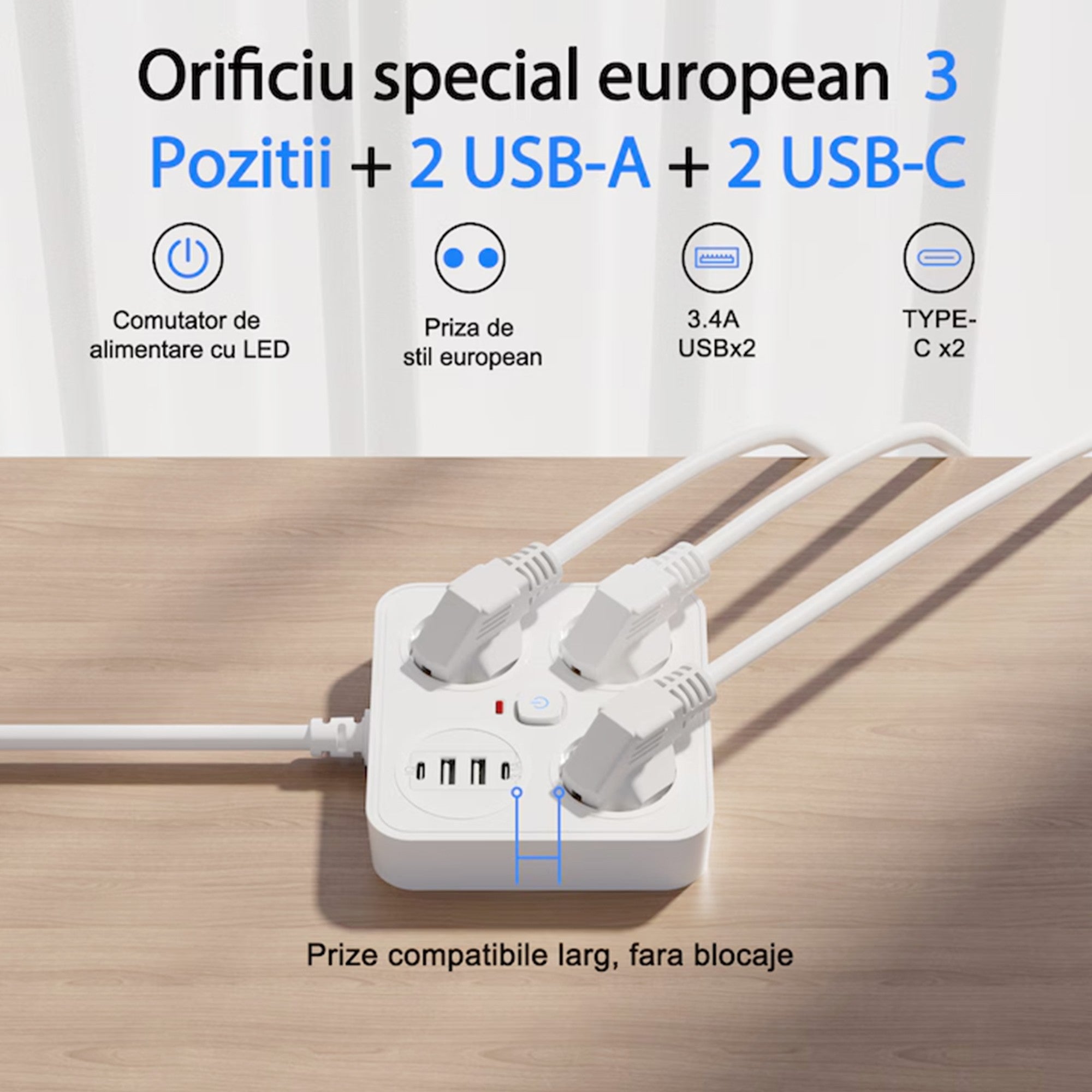 Prelungitor Multifunctional pentru Birou, 3 Prize, 2 USB-A, 2 TYPE-C, Suport pentru Telefon, 3250W, Lungime Cablu 2 m, 11.4 x 12.4 cm, Alb