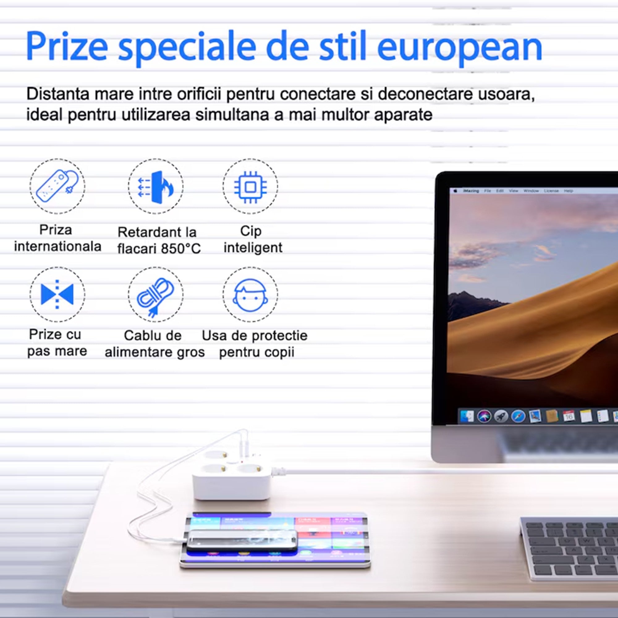 Prelungitor Multifunctional pentru Birou, 3 Prize, 2 USB-A, 2 TYPE-C, Suport pentru Telefon, 3250W, Lungime Cablu 2 m, 11.4 x 12.4 cm, Alb