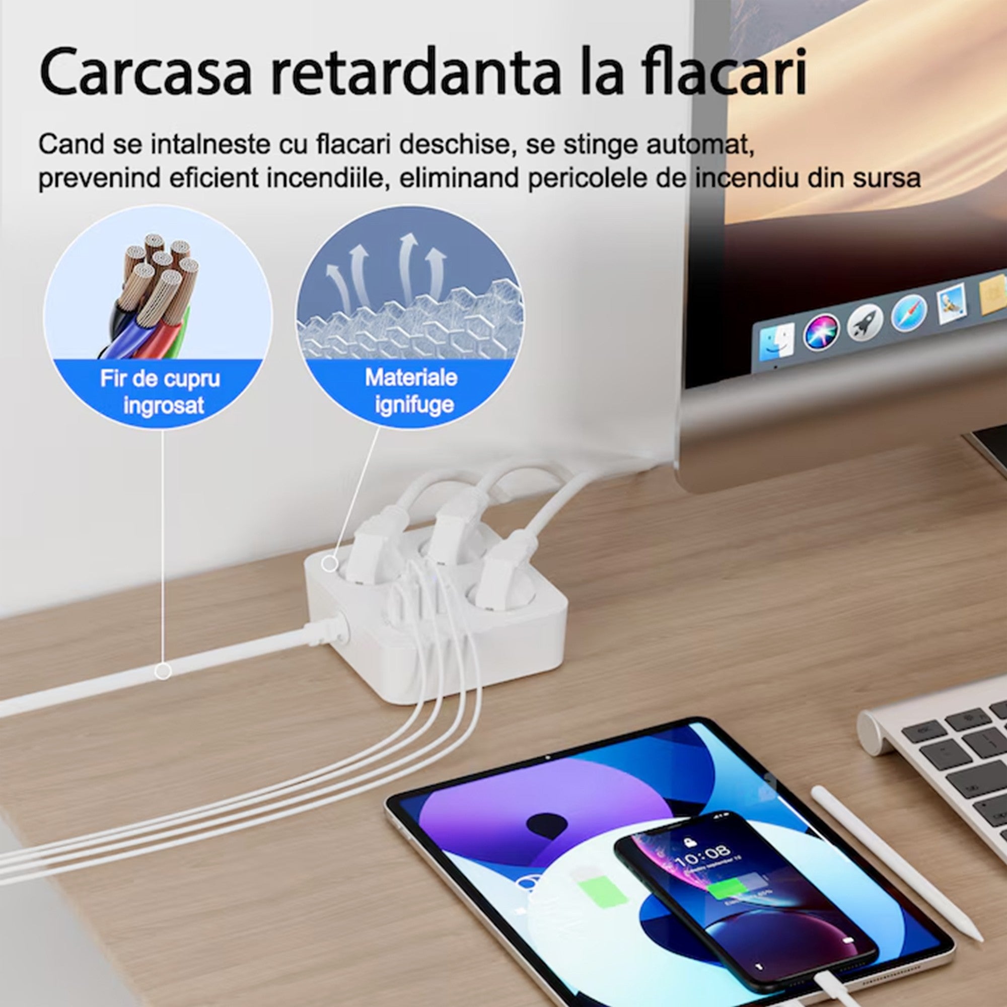 Prelungitor Multifunctional pentru Birou, 3 Prize, 2 USB-A, 2 TYPE-C, Suport pentru Telefon, 3250W, Lungime Cablu 2 m, 11.4 x 12.4 cm, Alb