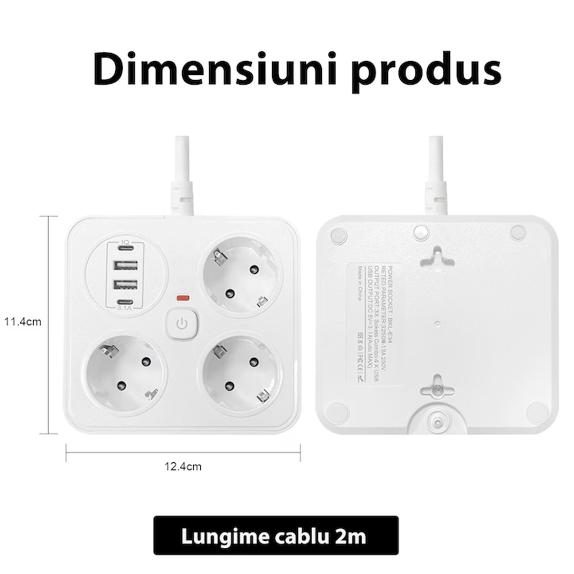 Prelungitor Multifunctional pentru Birou, 3 Prize, 2 USB-A, 2 TYPE-C, Suport pentru Telefon, 3250W, Lungime Cablu 2 m, 11.4 x 12.4 cm, Alb
