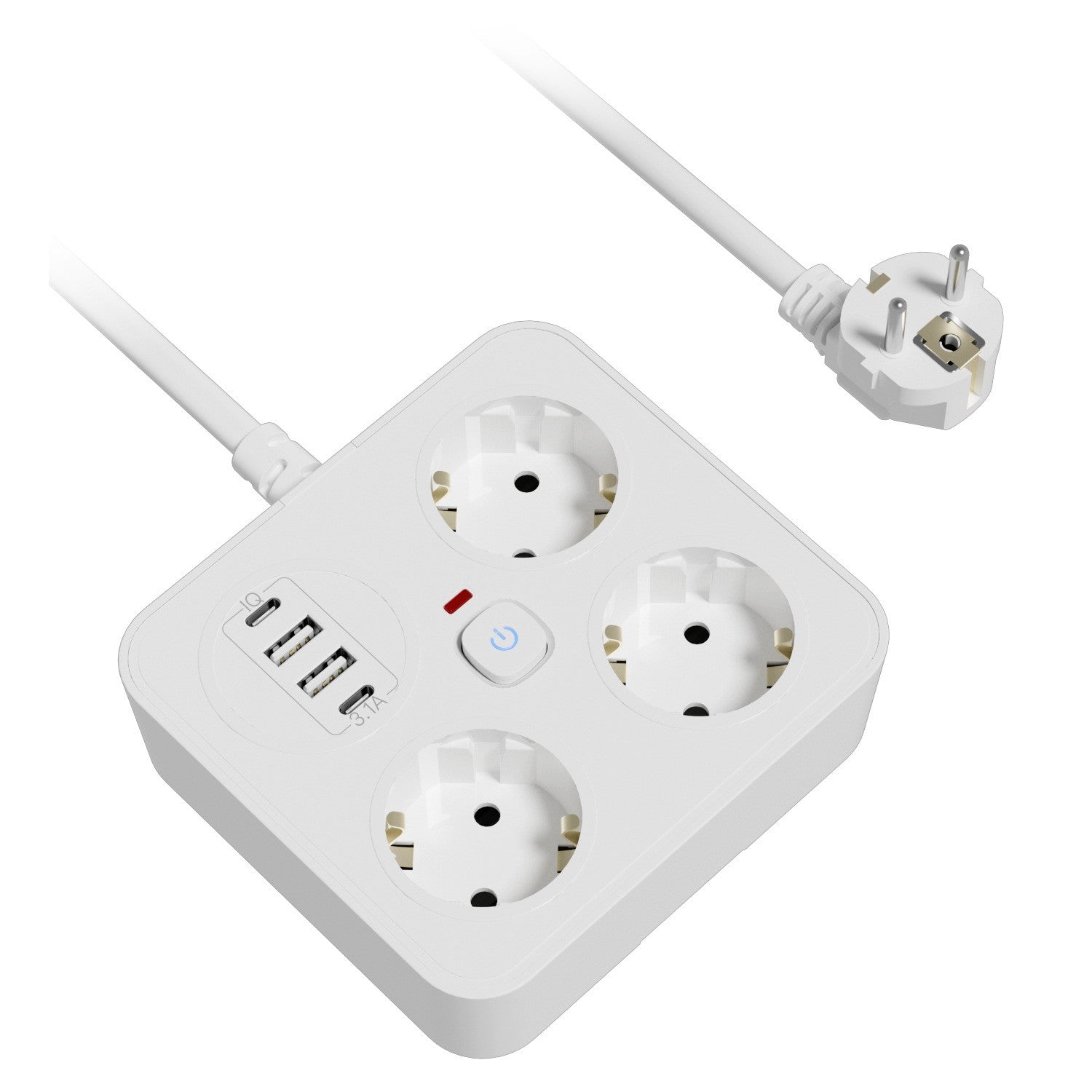 Prelungitor Multifunctional pentru Birou, 3 Prize, 2 USB-A, 2 TYPE-C, Suport pentru Telefon, 3250W, Lungime Cablu 2 m, 11.4 x 12.4 cm, Alb