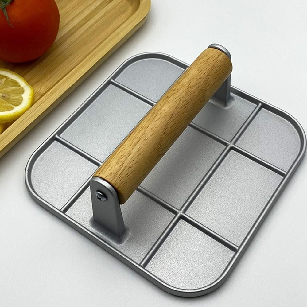 Presa Manuala pentru Carne, din Aliaj de Aluminiu, Maner din Lemn, Presa pentru Burgeri, Usor de Curatat si Folosit, Patrata, 16x16x6 cm, Gri