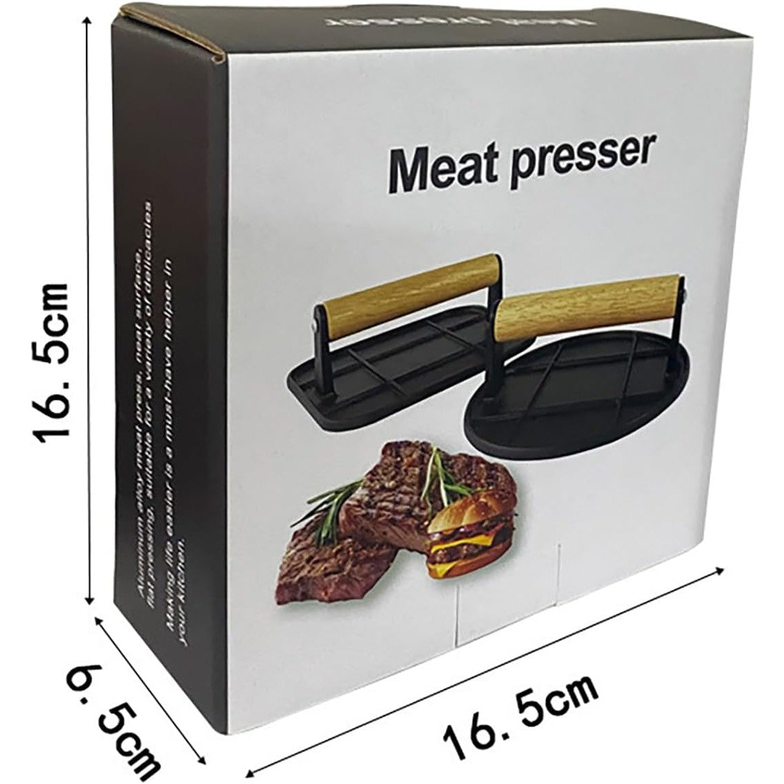 Presa Manuala pentru Carne, din Aliaj de Aluminiu, Maner din Lemn, Presa pentru Burgeri, Usor de Curatat si Folosit, Patrata, 16x16x6 cm, Neagra