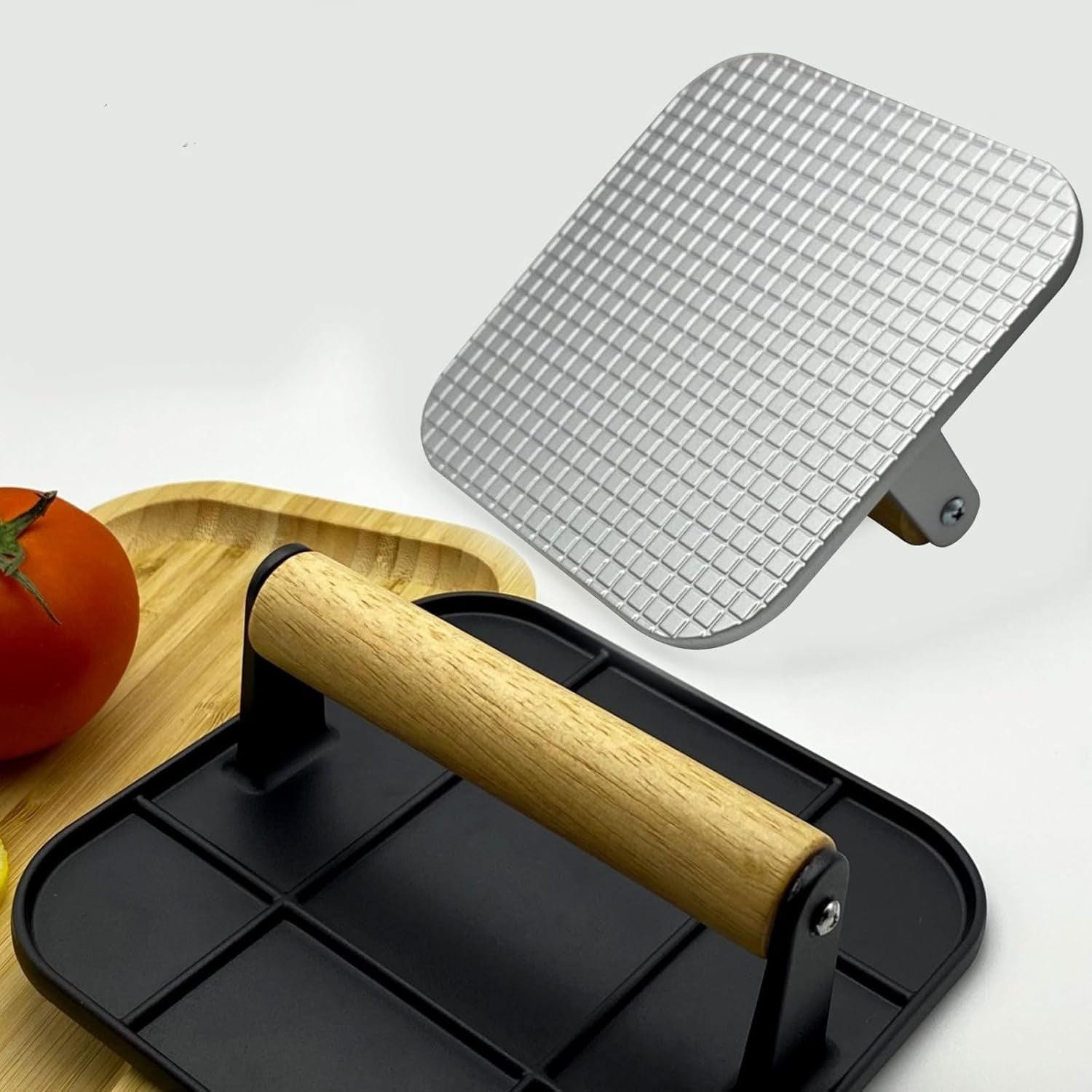 Presa Manuala pentru Carne, din Aliaj de Aluminiu, Maner din Lemn, Presa pentru Burgeri, Usor de Curatat si Folosit, Patrata, 16x16x6 cm, Neagra