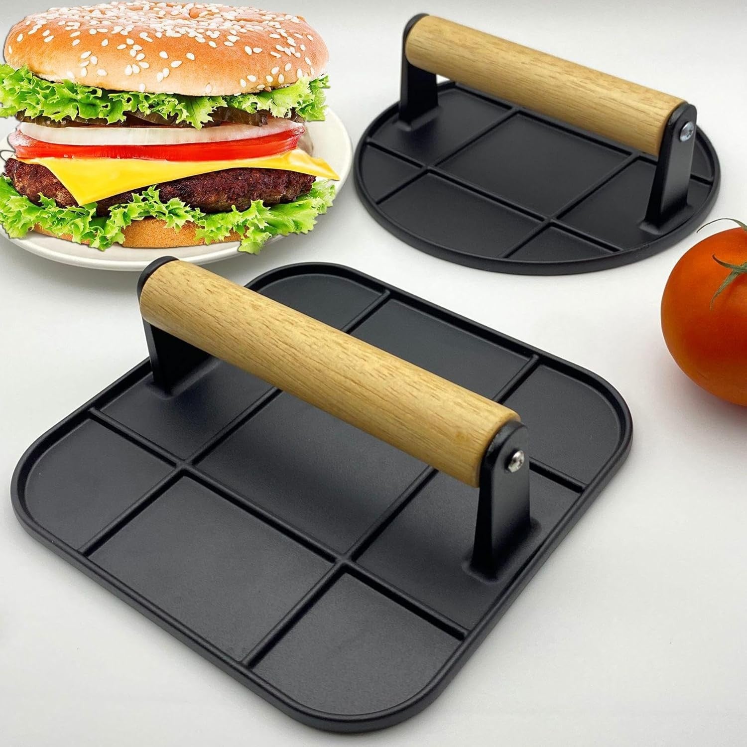 Presa Manuala pentru Carne, din Aliaj de Aluminiu, Maner din Lemn, Presa pentru Burgeri, Usor de Curatat si Folosit, Patrata, 16x16x6 cm, Neagra