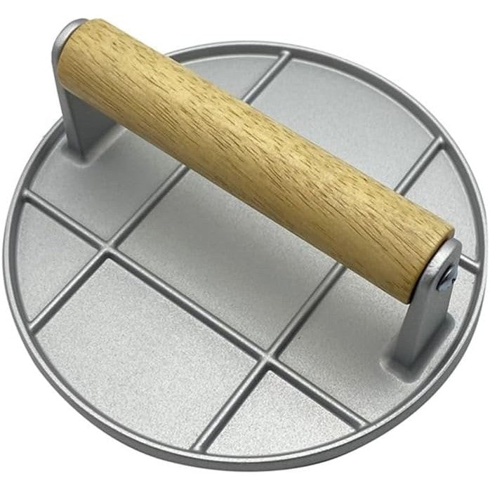 Presa Manuala pentru Carne, din Aliaj de Aluminiu, Maner din Lemn, Presa pentru Burgeri, Usor de Curatat si Folosit, Rotunda, 16x16x6 cm, Gri