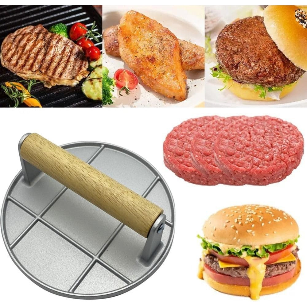 Presa Manuala pentru Carne, din Aliaj de Aluminiu, Maner din Lemn, Presa pentru Burgeri, Usor de Curatat si Folosit, Rotunda, 16x16x6 cm, Gri