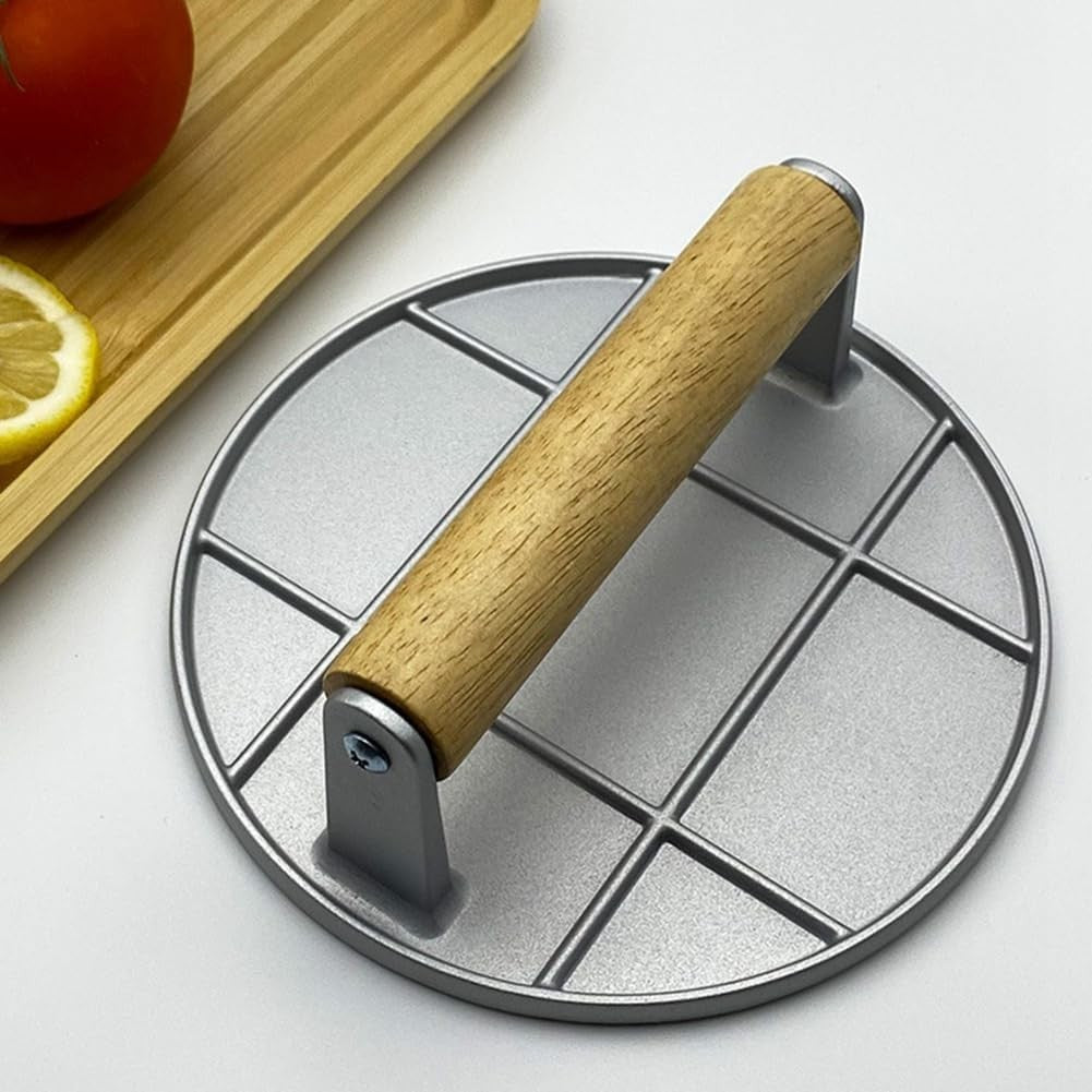 Presa Manuala pentru Carne, din Aliaj de Aluminiu, Maner din Lemn, Presa pentru Burgeri, Usor de Curatat si Folosit, Rotunda, 16x16x6 cm, Gri