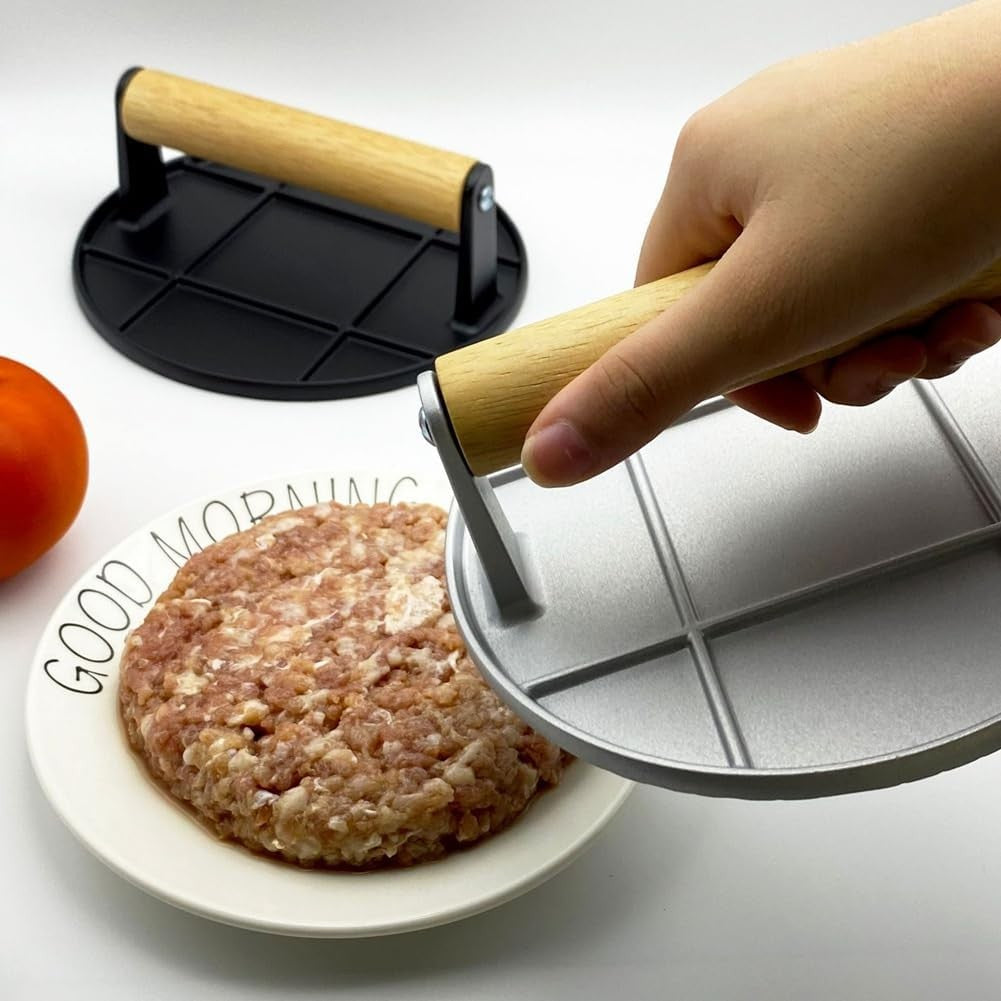 Presa Manuala pentru Carne, Flippy, din Aliaj de Aluminiu, Maner din Lemn, Presa pentru Burgeri, Usor de Curatat si Folosit, Rotunda, 16x16x6 cm, Gri