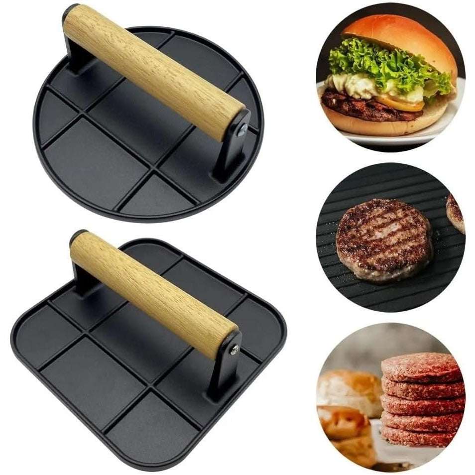 Presa Manuala pentru Carne, din Aliaj de Aluminiu, Maner din Lemn, Presa pentru Burgeri, Usor de Curatat si Folosit, Rotunda, 16x16x6 cm, Neagra