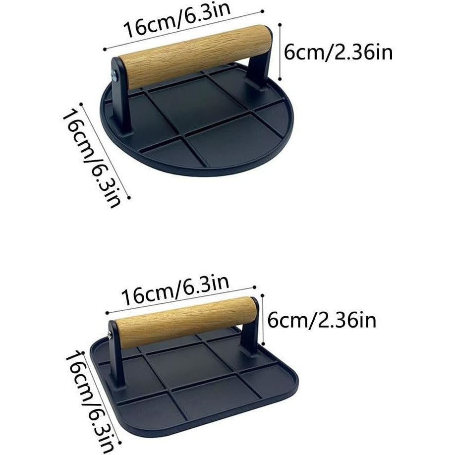 Presa Manuala pentru Carne, din Aliaj de Aluminiu, Maner din Lemn, Presa pentru Burgeri, Usor de Curatat si Folosit, Rotunda, 16x16x6 cm, Neagra