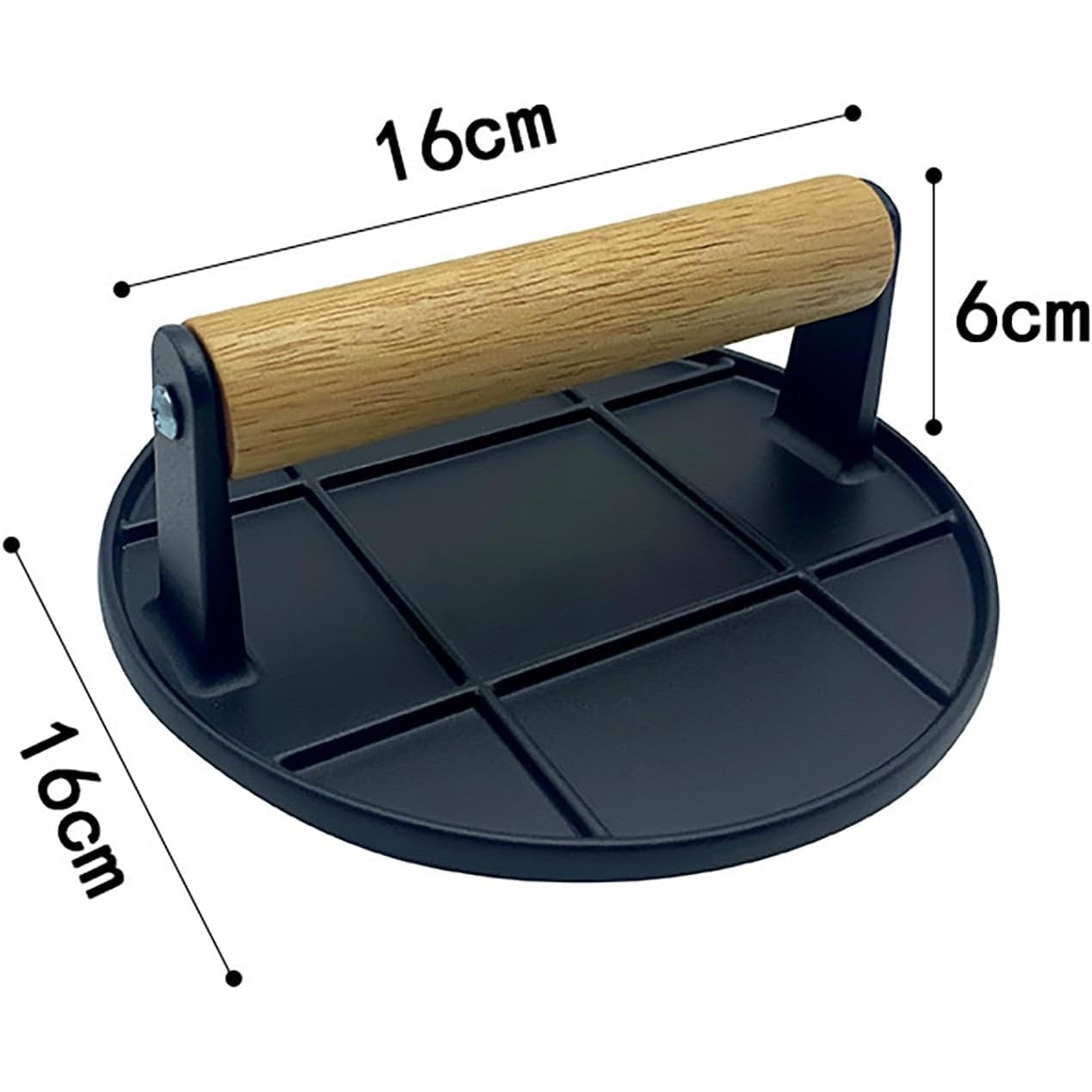 Presa Manuala pentru Carne, din Aliaj de Aluminiu, Maner din Lemn, Presa pentru Burgeri, Usor de Curatat si Folosit, Rotunda, 16x16x6 cm, Neagra