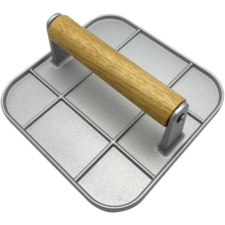 Presa Manuala pentru Carne, din Aliaj de Aluminiu, Maner din Lemn, Presa pentru Burgeri, Usor de Curatat si Folosit, Patrata, 16x16x6 cm, Gri