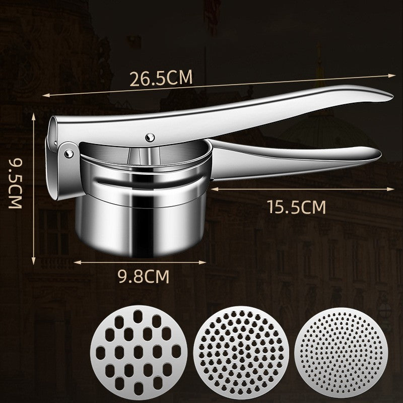 Presa Storcator pentru Fructe si Legume, Zdrobitor Manual, Inox, 3 Discuri Interschimbabile, Usor de Stors si de Curatat, Ergonomic, 26.5 x 9.8 x 9.5 cm Argintiu