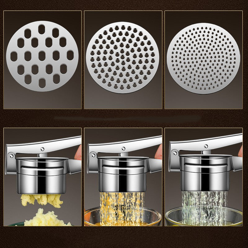 Presa Storcator pentru Fructe si Legume, Zdrobitor Manual, Inox, 3 Discuri Interschimbabile, Usor de Stors si de Curatat, Ergonomic, 26.5 x 9.8 x 9.5 cm Argintiu