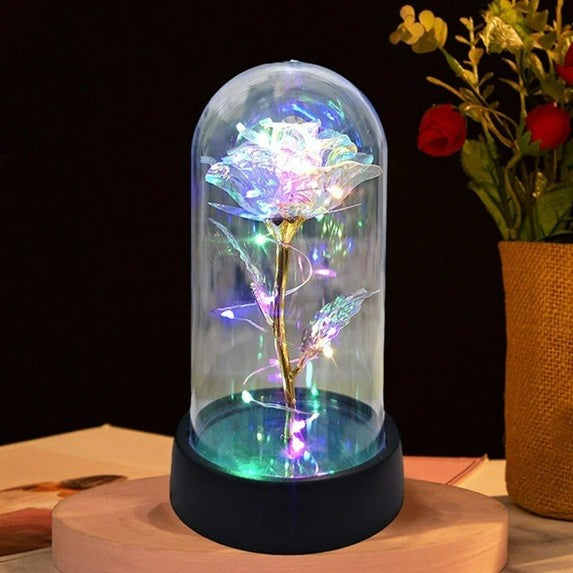 Trandafir in Cupola, cu Lumina Led Multicolora, Baterii, 8.5 x 15 cm, Auriu