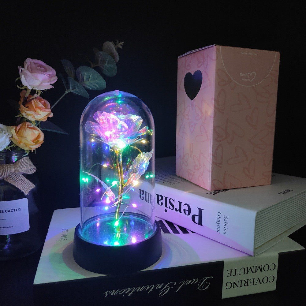 Trandafir in Cupola, cu Lumina Led Multicolora, Baterii, 8.5 x 15 cm, Auriu