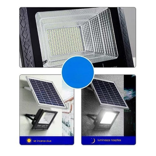 Proiector LED/Lampa solara de exterior, 22 cm x 27 cm, Rezistent la Apa IP67, cu Panou Solar, 248 LED SMD, 150 W, Senzor de lumina, Timer, cu Telecomanda, 2 moduri de iluminat, kit montaj inclus, Lumina Rece