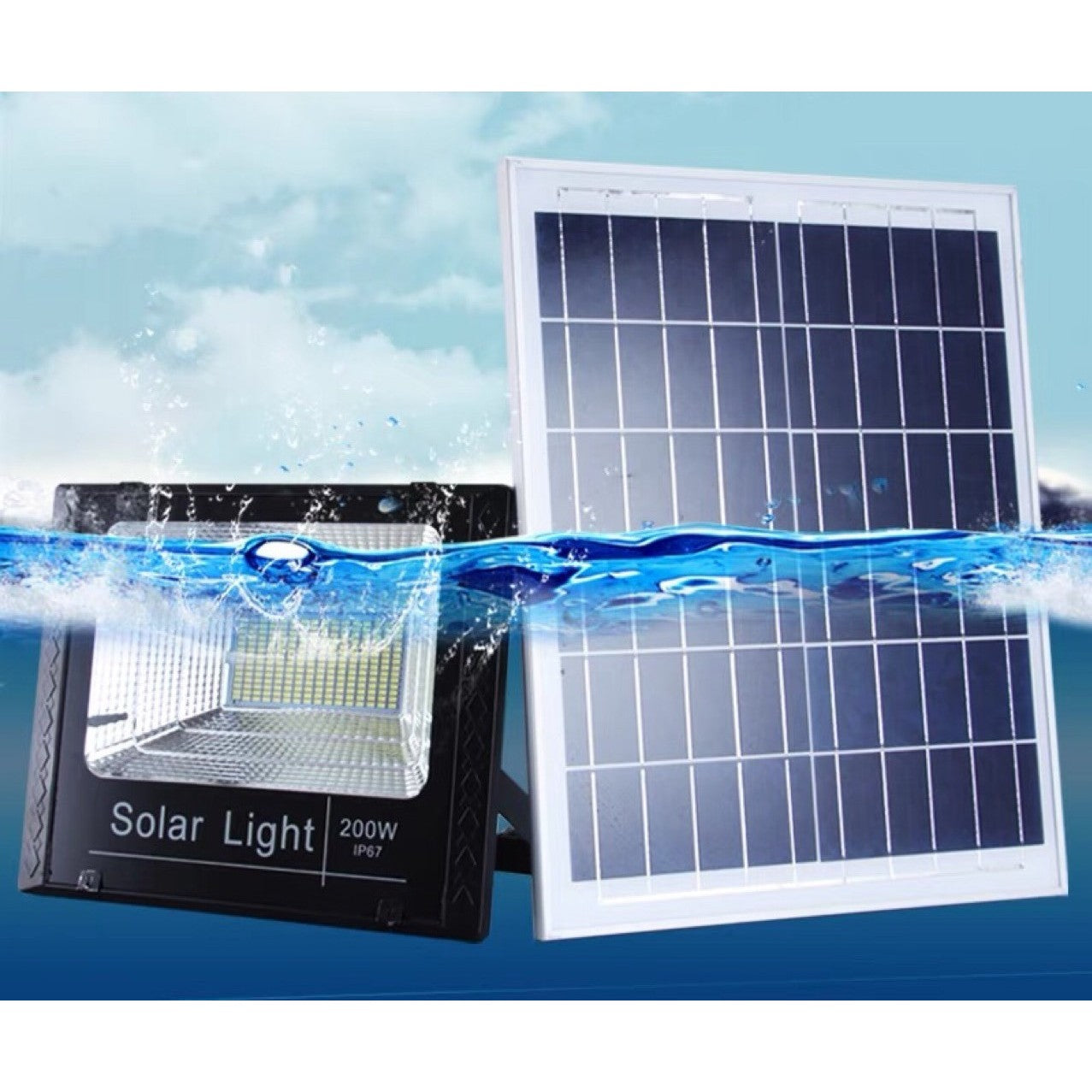 Proiector LED/Lampa solara de exterior, 22 cm x 27 cm, Rezistent la Apa IP67, cu Panou Solar, 248 LED SMD, 150 W, Senzor de lumina, Timer, cu Telecomanda, 2 moduri de iluminat, kit montaj inclus, Lumina Rece