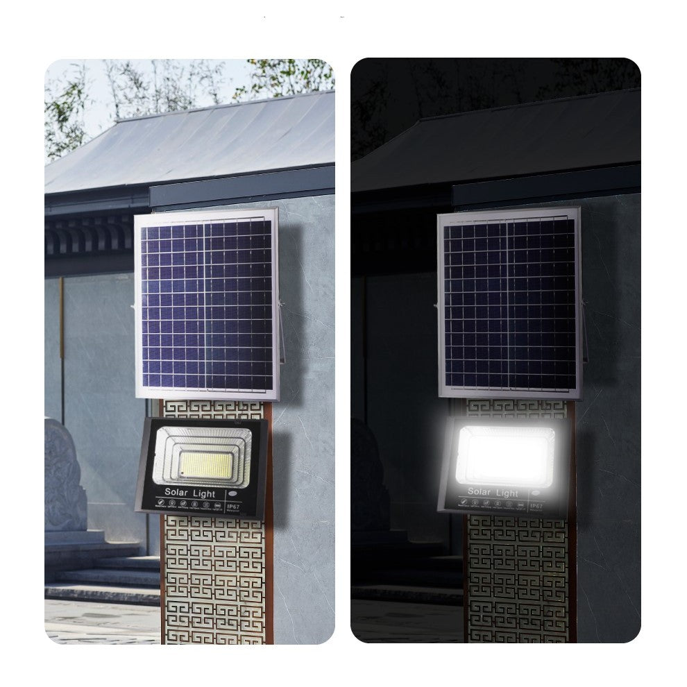 Proiector LED/Lampa solara de exterior, 22 cm x 27 cm, Rezistent la Apa IP67, cu Panou Solar, 248 LED SMD, 150 W, Senzor de lumina, Timer, cu Telecomanda, 2 moduri de iluminat, kit montaj inclus, Lumina Rece