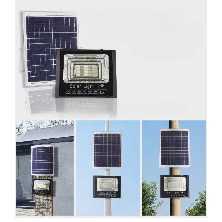 Proiector LED/Lampa solara de exterior, 22 cm x 27 cm, Rezistent la Apa IP67, cu Panou Solar, 248 LED SMD, 150 W, Senzor de lumina, Timer, cu Telecomanda, 2 moduri de iluminat, kit montaj inclus, Lumina Rece