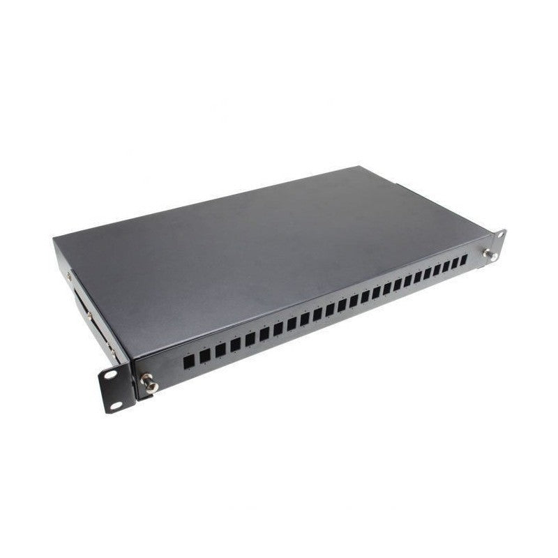 PATCH PANEL Emtex Patch panel FO cu sina glisanta 48 porturi LC quad / SC duplex, 2U, caseta sudura 24, tub termo, accesorii prindere, neechipat, negru - Emtex "PS48SCD-RF-OPT"