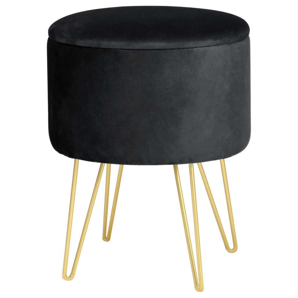 Taburet tapitat rotund Lili cu spatiu de depozitare, velur, 35x35x45 cm, negru