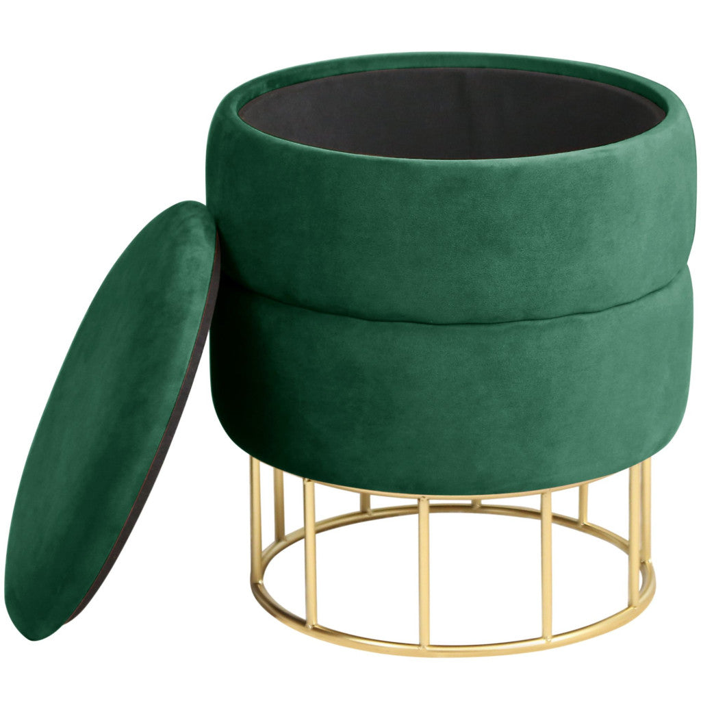Taburet tapitat rotund Elza cu spatiu de depozitare, velur, 37x37x42 cm, verde smarald