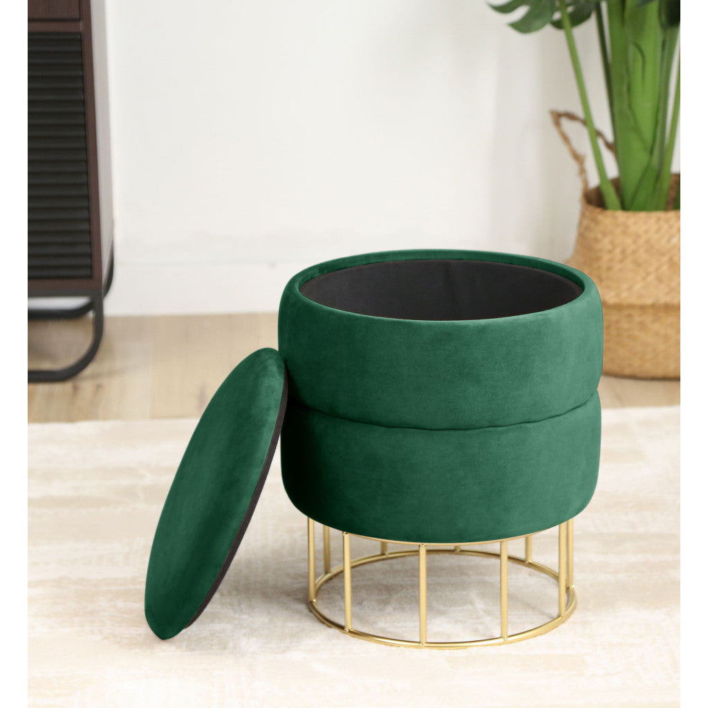 Taburet tapitat rotund Elza cu spatiu de depozitare, velur, 37x37x42 cm, verde smarald