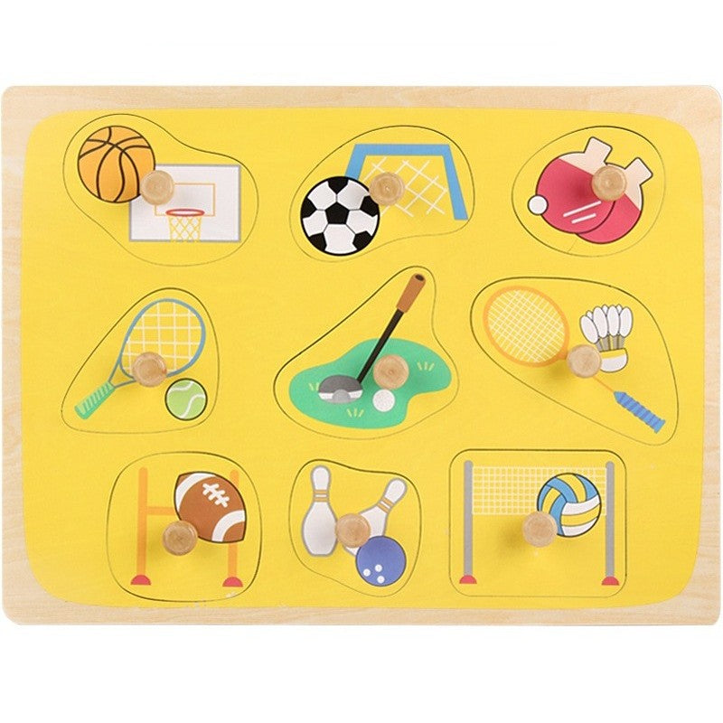 Puzzle Montessori din Lemn pentru Copii, Flippy, 0-3 Ani, 3D, Model Sporturi, Educativ, Intuitiv, Creativ, 9 Piese, 30x22.5x0.8 cm, Multicolor