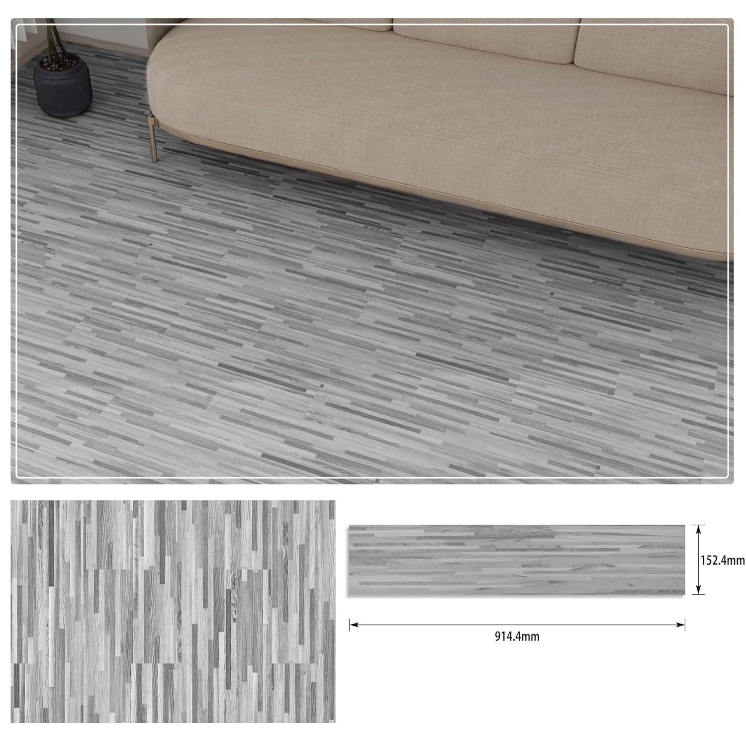 Set 36 Placi Autoadezive pentru Pardoseala, din PVC, Impermeabil, Ignifug, Usor de Curatat, Dimensiune Placa 91.44 x 15.24 cm, Grosime 1.5 mm, Acoperire 5 m2, Model 4, Gri