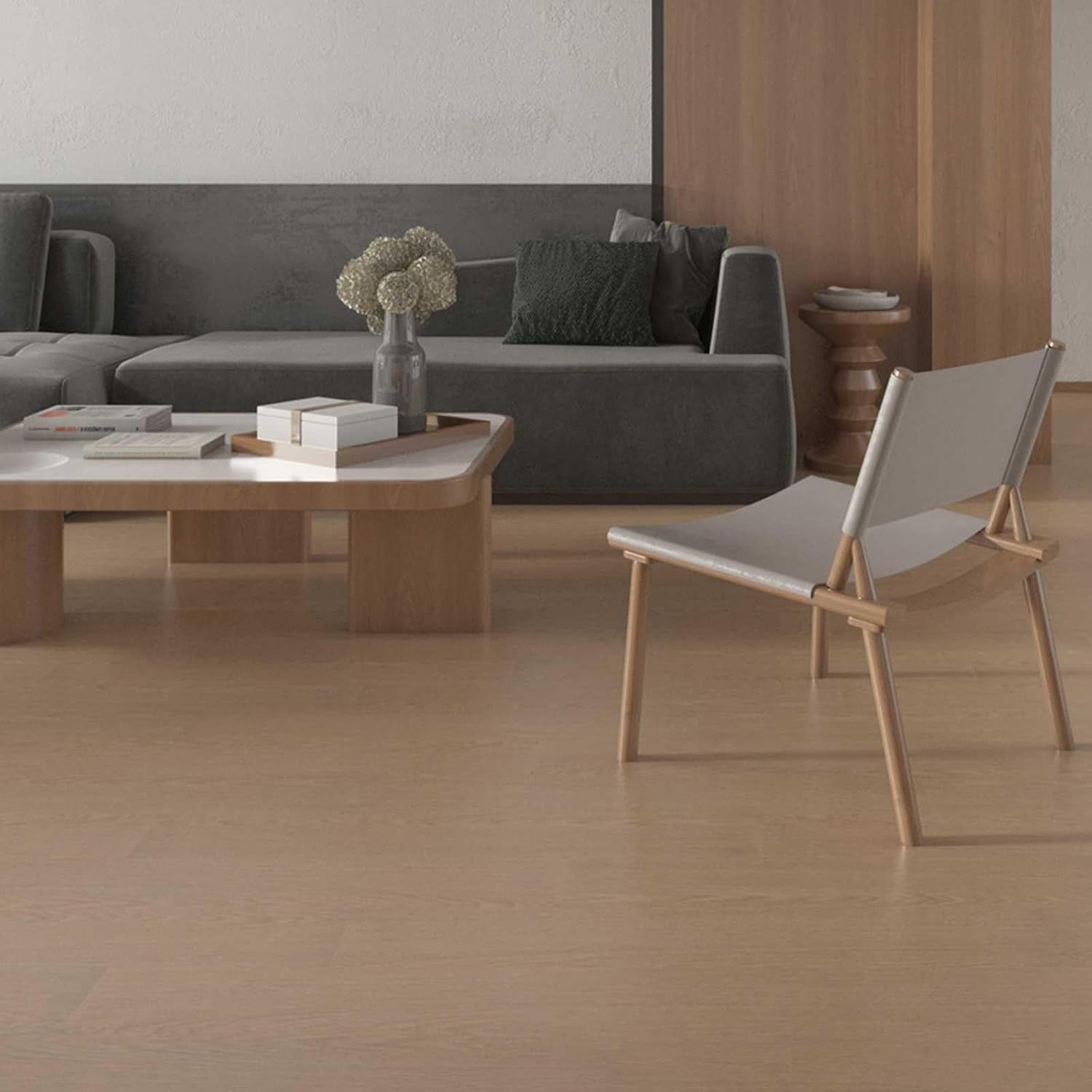 Set 36 Placi Autoadezive pentru Pardoseala, din PVC, Impermeabil, Ignifug, Usor de Curatat, Dimensiune Placa 91.44 x 15.24 cm, Grosime 1.5 mm, Acoperire 5 m2, Model 9, Bej