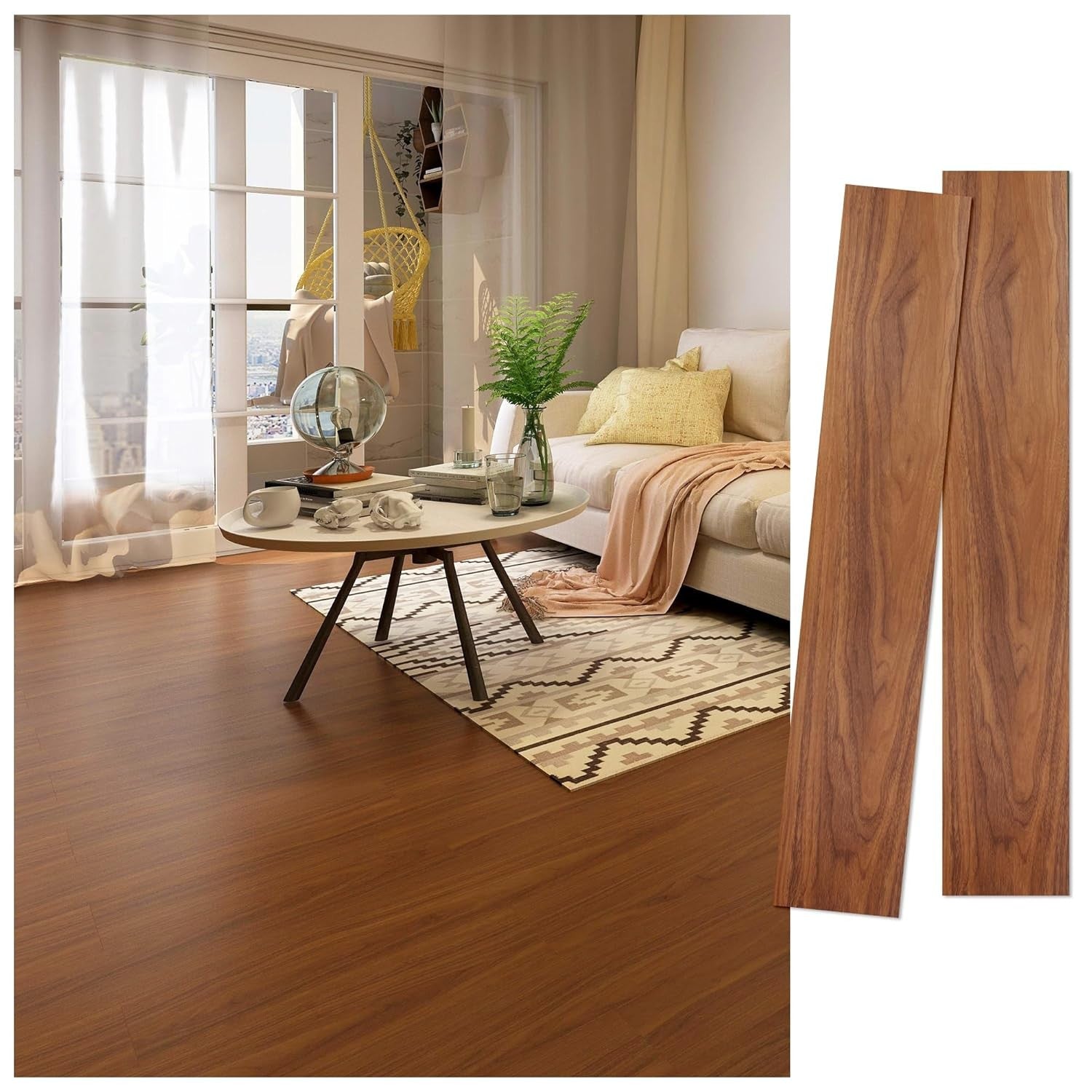 Set 36 Placi Autoadezive pentru Pardoseala, din PVC, Impermeabil, Ignifug, Usor de Curatat, Dimensiune Placa 91.44 x 15.24 cm, Grosime 1.5 mm, Acoperire 5 m2, Model 8, Caramiziu