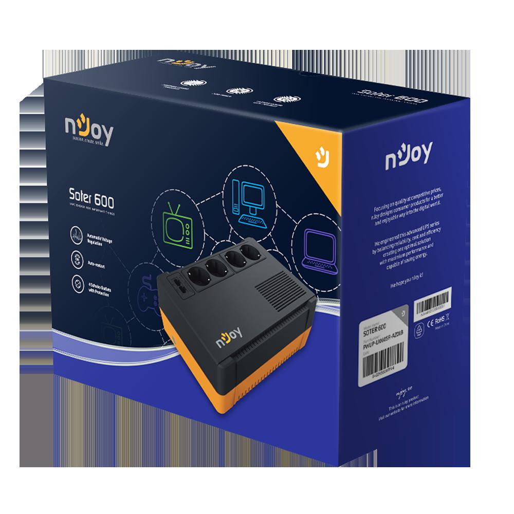 UPS NJOY, "SOTER 600", Line Int. cu management, brick, 600VA/360W, AVR, Schuko x 4, 1 x baterie GP05122F, back-up 1 - 10 min., "PWUP-LI060SR-AZ01B"